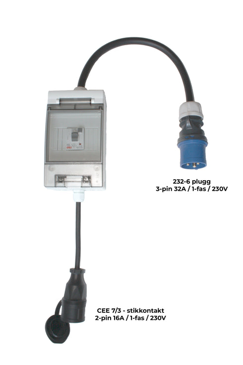 Ladekabel adapter — 32A/1-fase blå CEE støpsel (232-6) til Schuko (16A/1-fas)